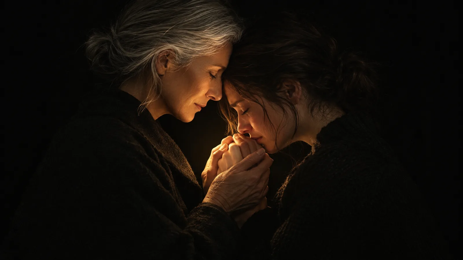 An older woman holding a grieving younger woman, foreheads touching, warm light falling on their joined hands