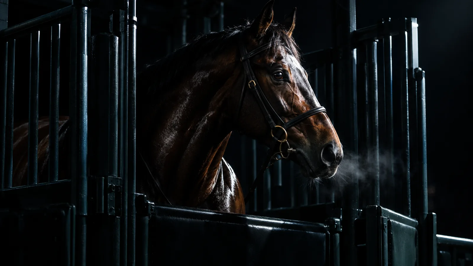 A bay racehorse waiting tense inside a closed starting gate in near darkness, breath steaming