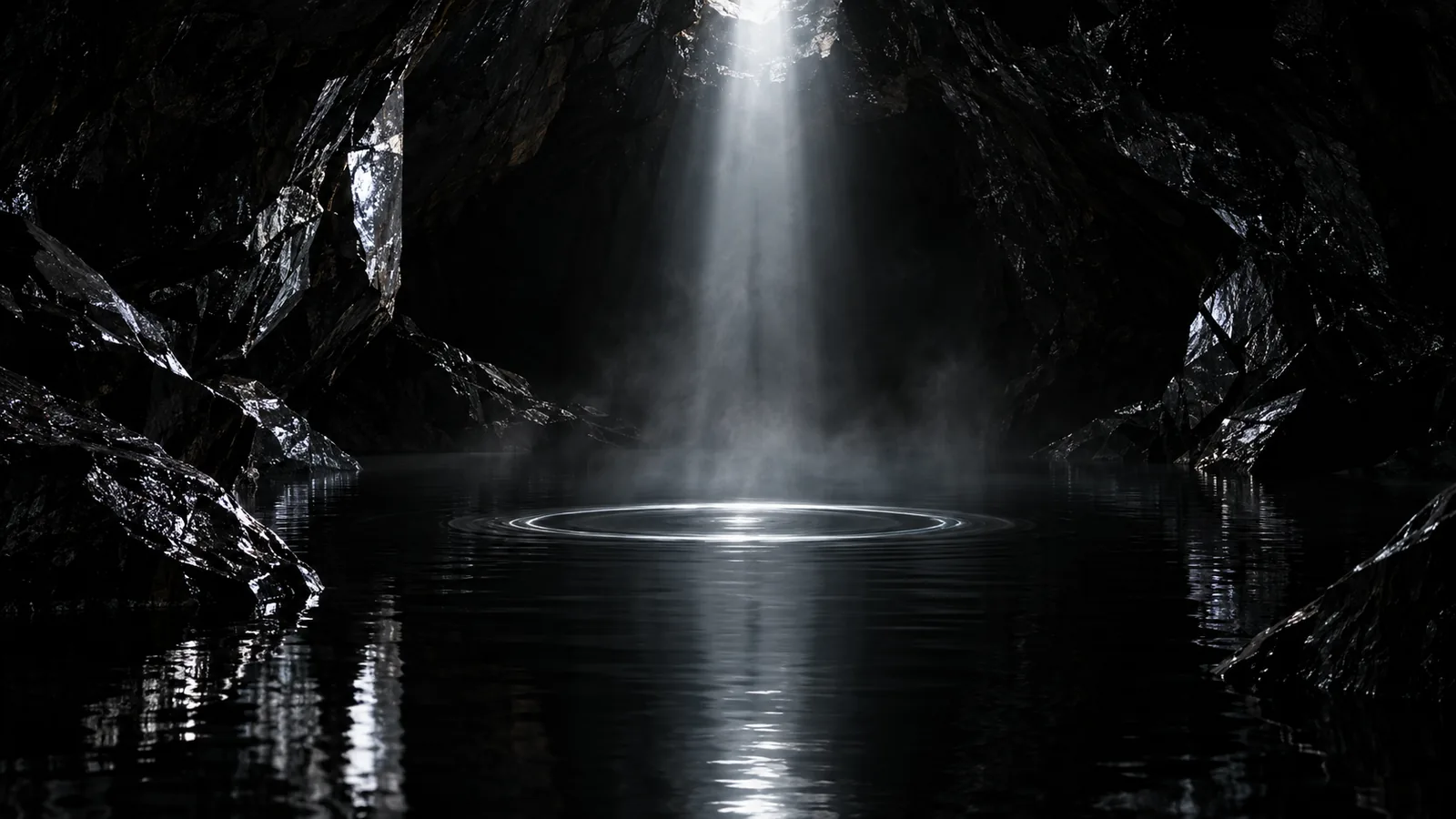 A still pool of black shungite water in a dark cave, a shaft of silver light making one ring on its surface