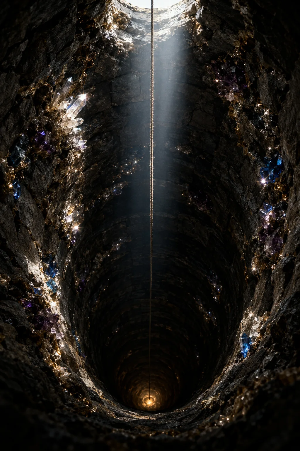 Looking down an ancient stone well shaft where a single rope descends past crystals lit by a silver ray
