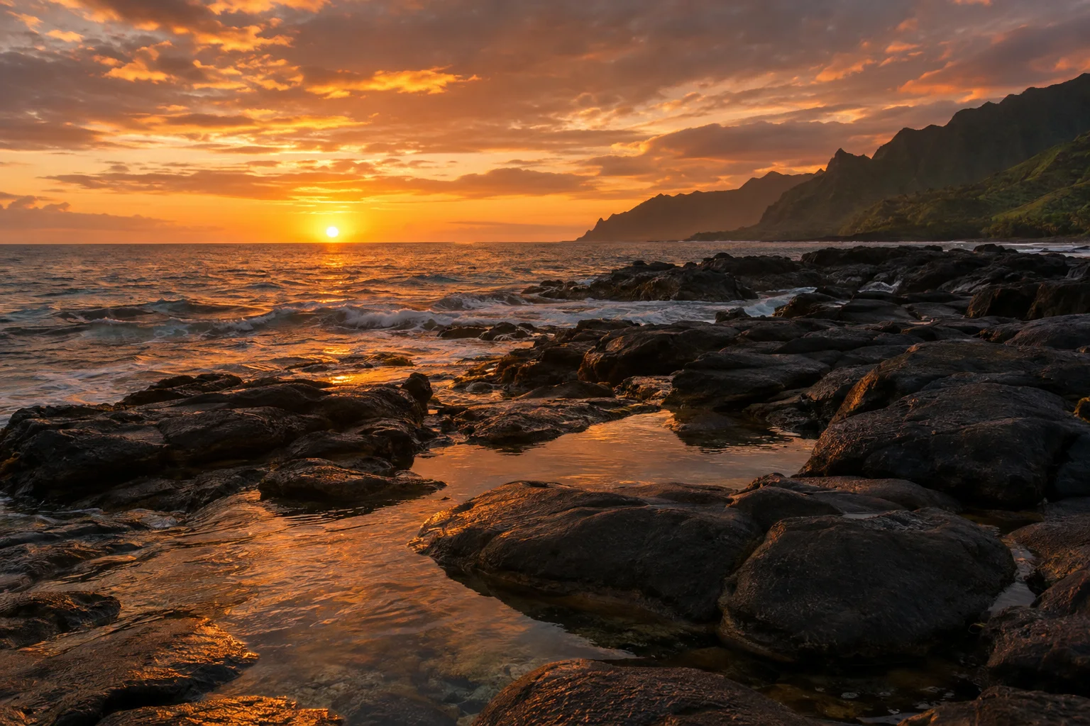 Golden sunset over the lava-rock shoreline and green ridges of Kauaʻi
