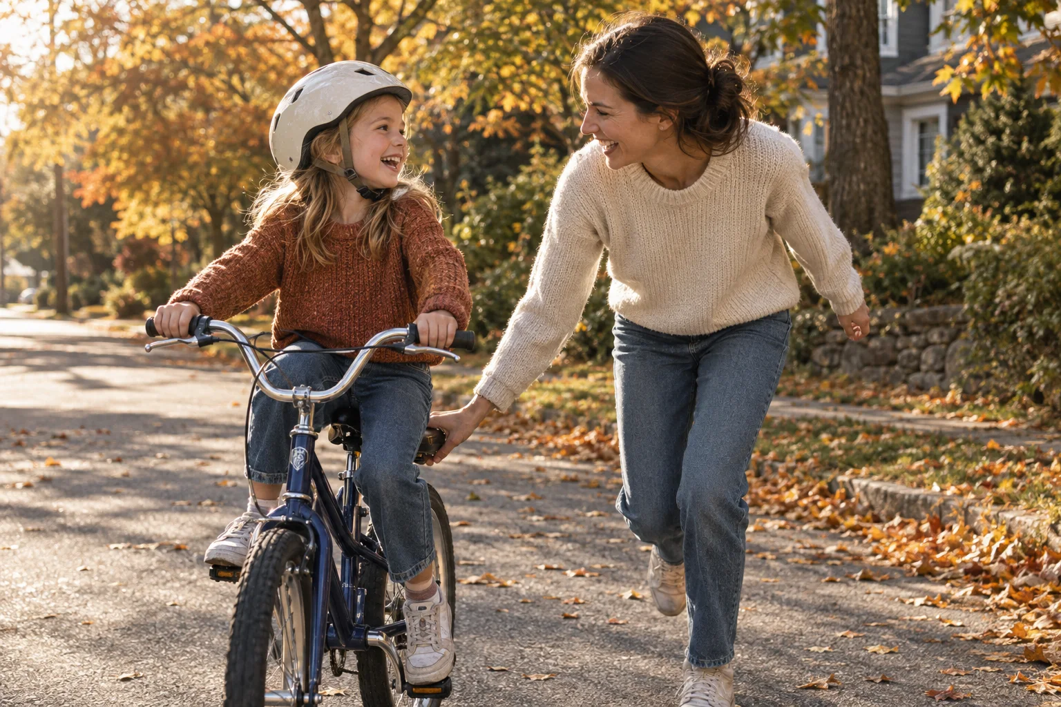 A mother running alongside her laughing daughter on her first bicycle