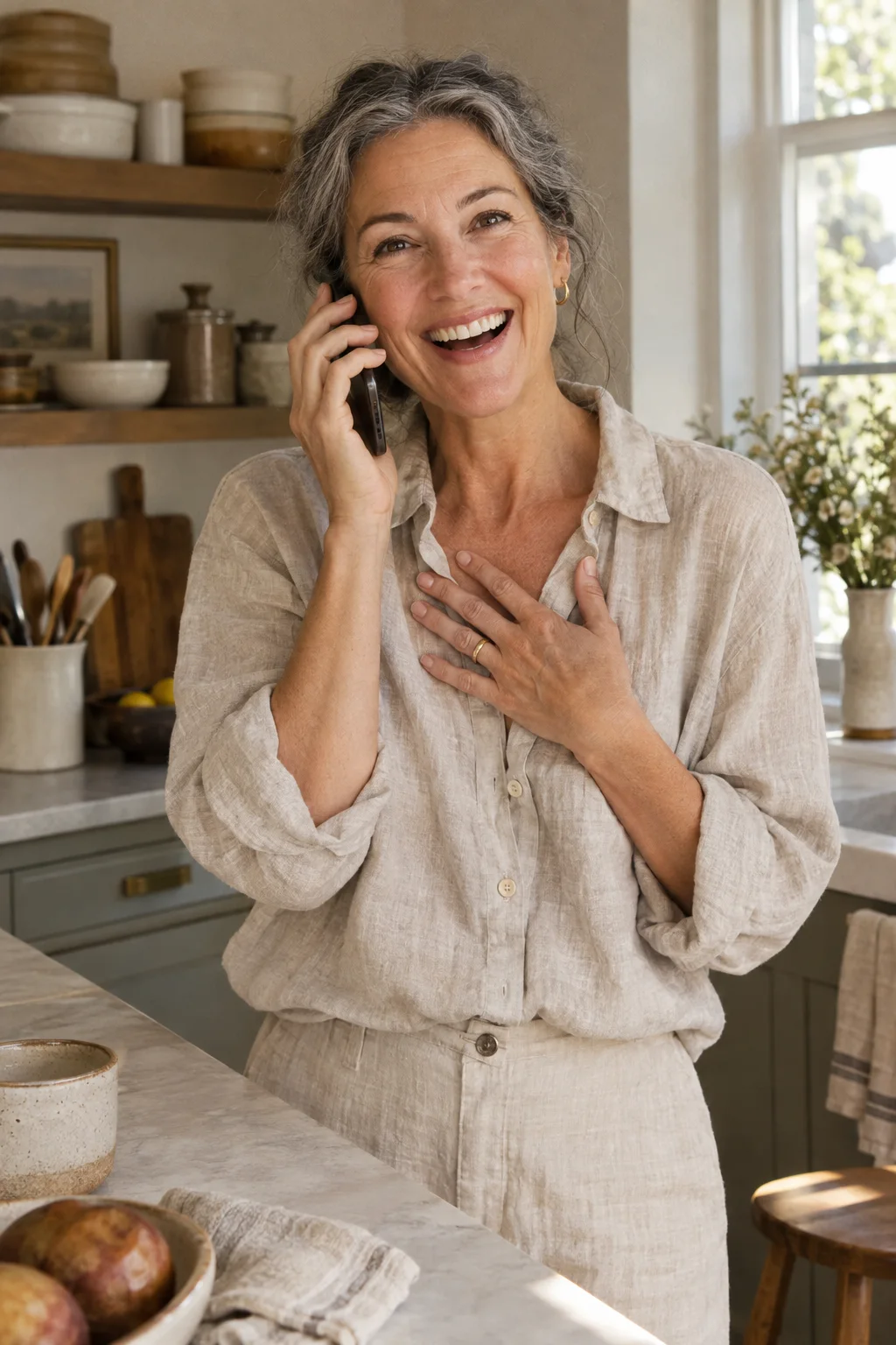 A woman in a sunny kitchen laughing in surprise as she answers her phone