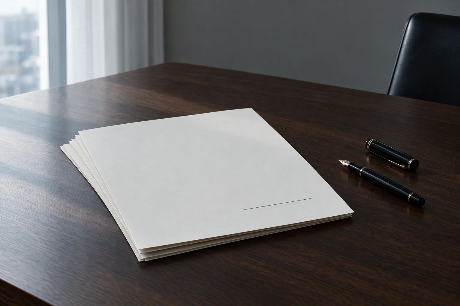 A blank, unsigned contract beside a capped fountain pen on a walnut desk