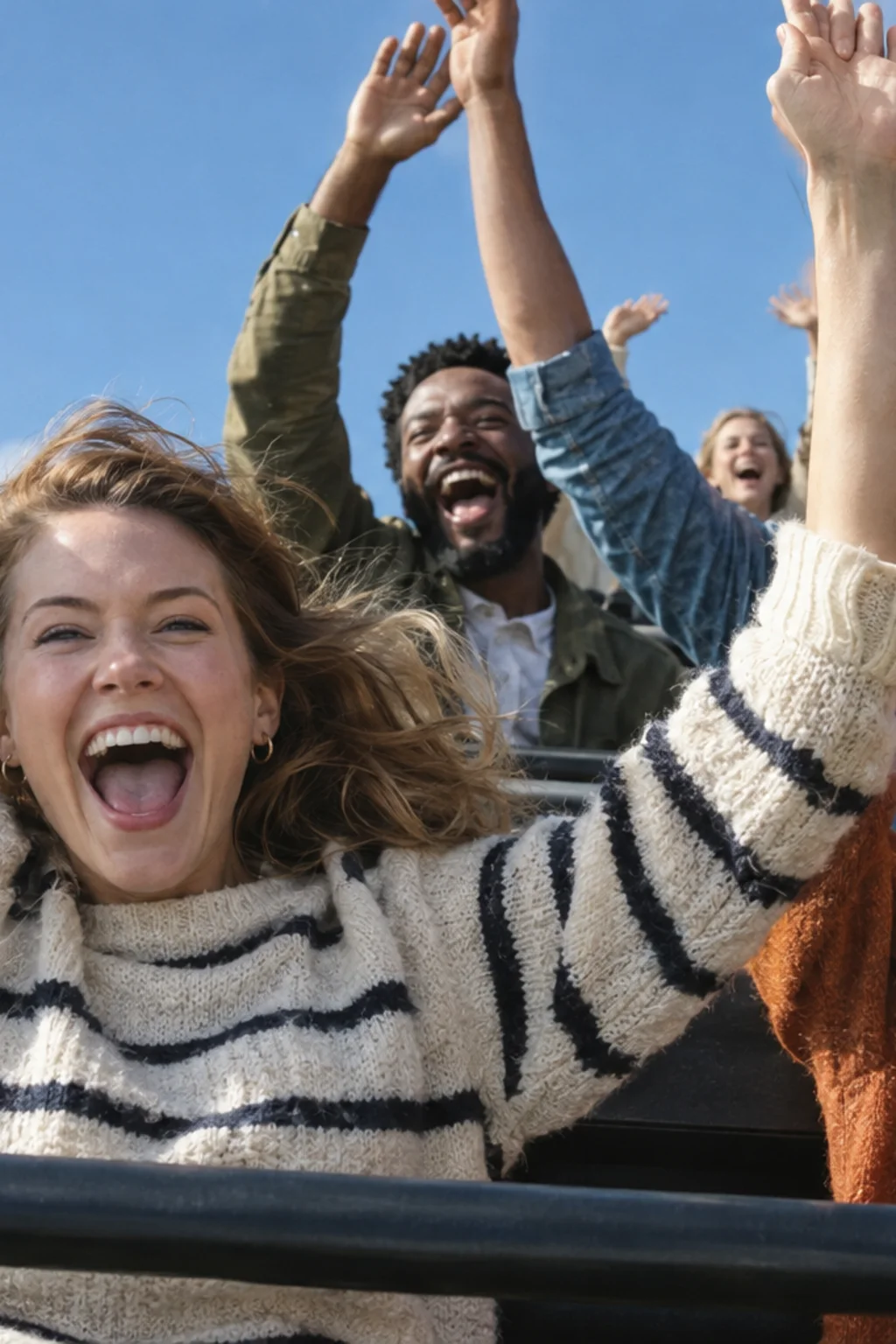 Adults with arms raised, laughing on an amusement park ride