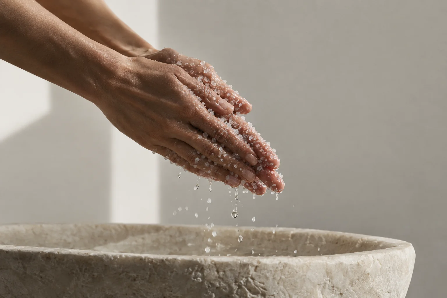 Hands rubbing coarse sea salt over a stone basin
