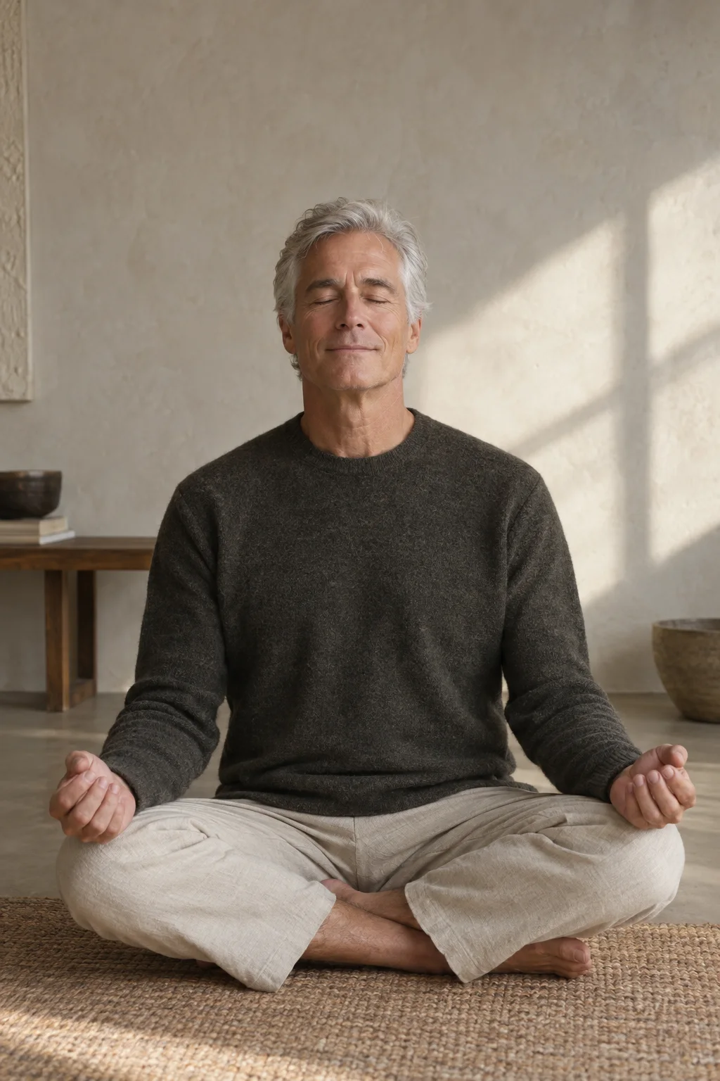 A silver-haired man meditating with eyes closed and a faint smile