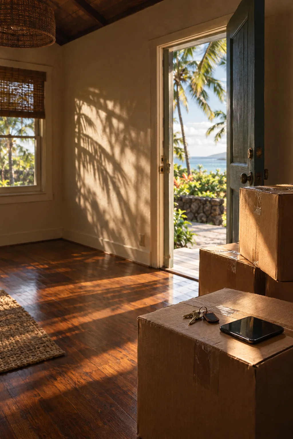 Moving boxes by an open cottage door, keys and a phone resting on top