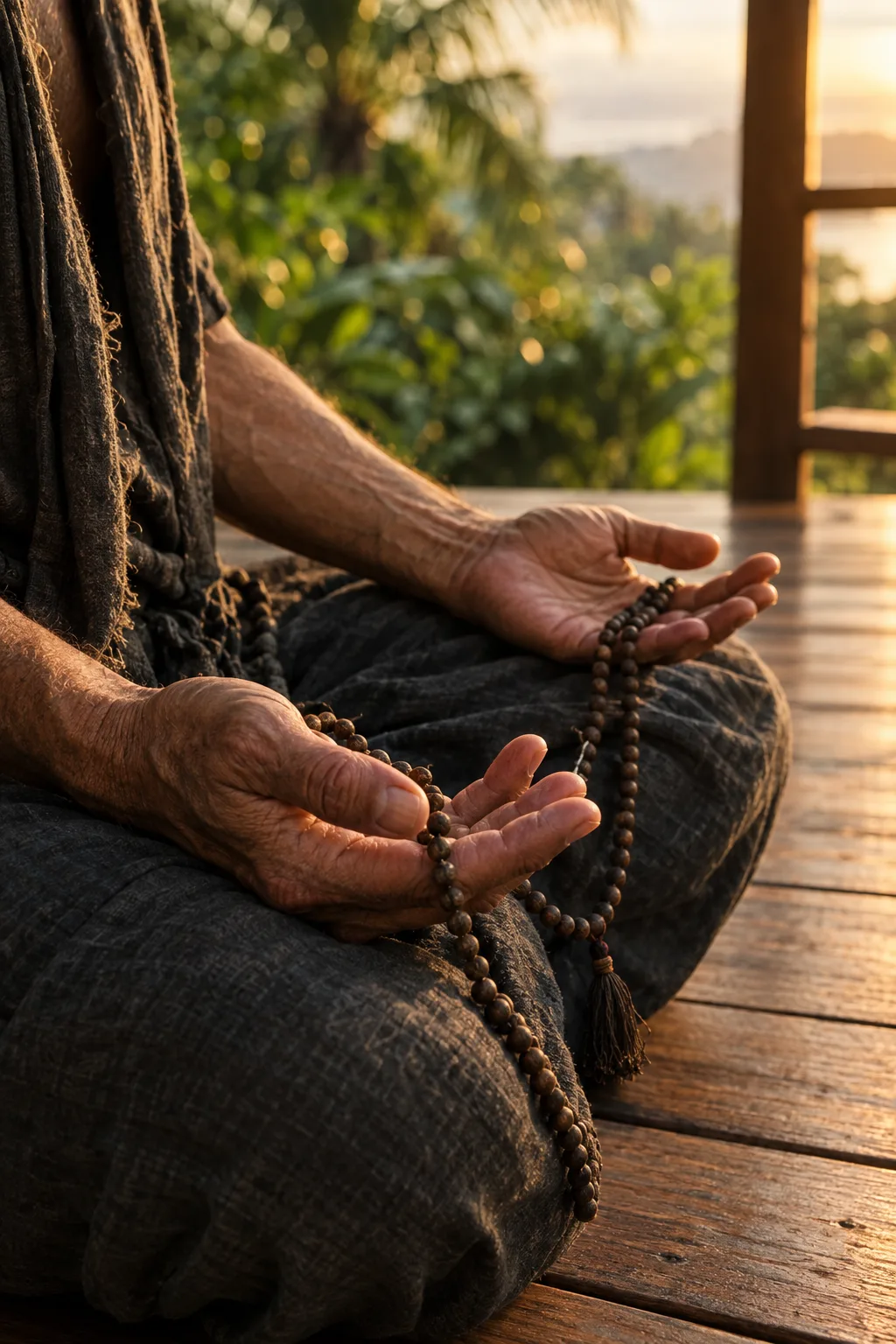 Open hands resting in meditation with mala beads on a wooden lanai at dawn