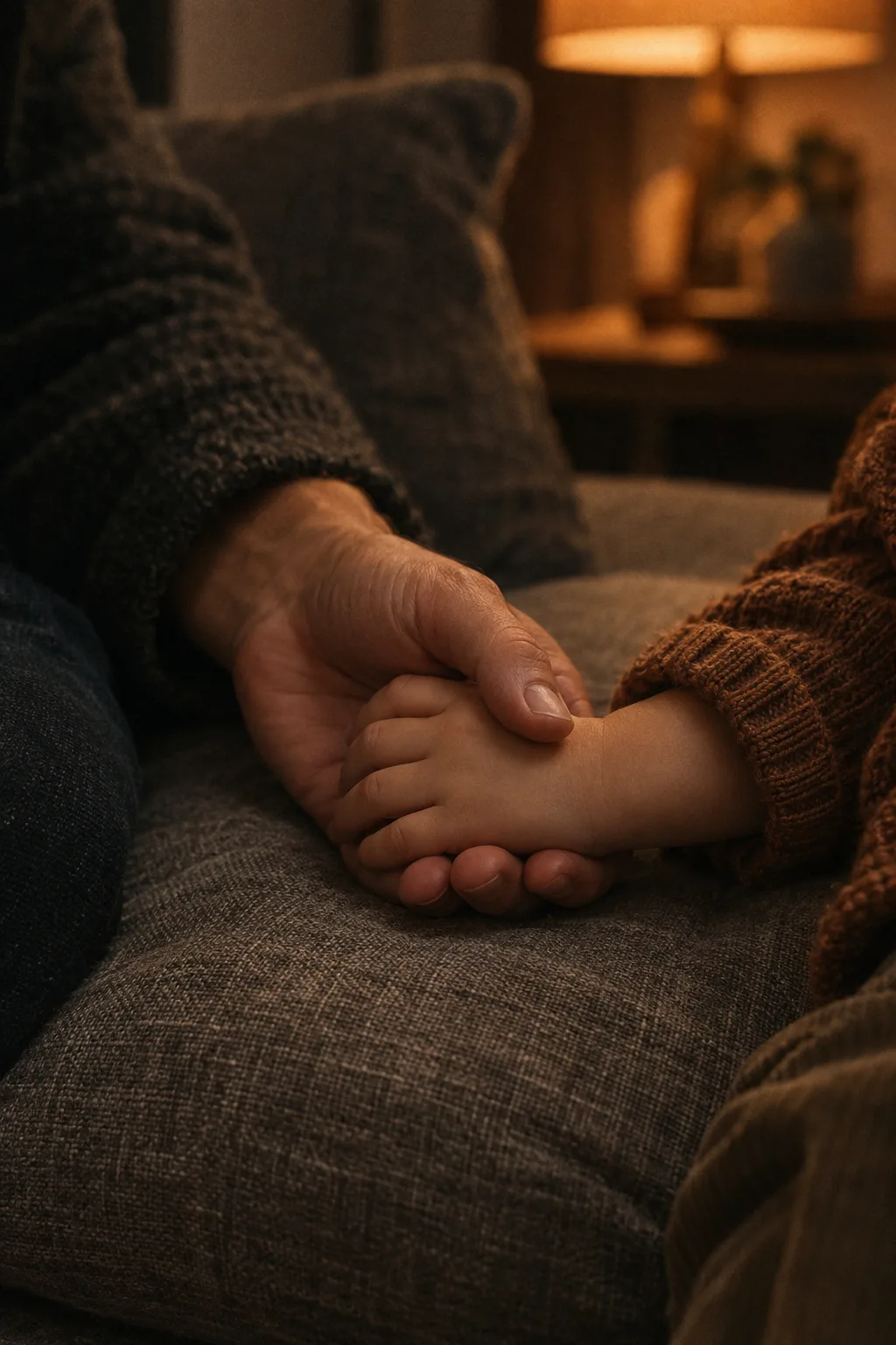 An adult hand holding a small child's hand on a sofa cushion