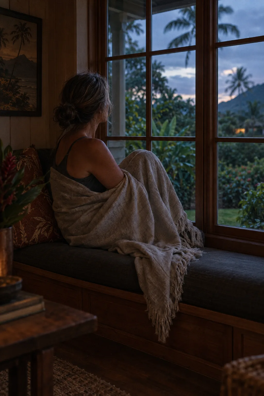 A woman wrapped in a throw on a window seat at dusk, looking out at the garden