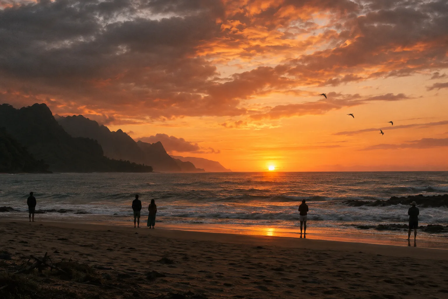 People scattered along a Kauai beach at sunrise, watching the sun rise as seabirds cross the sky