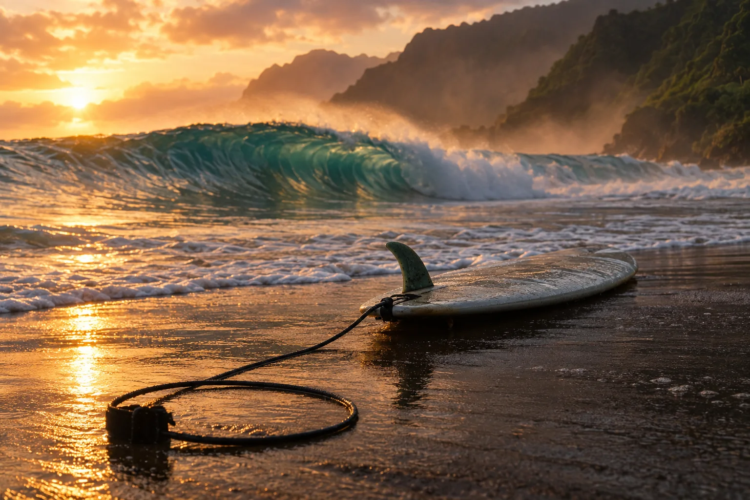 A surfboard on wet sand at sunrise, its leash coiled at the waterline, a wave curling behind