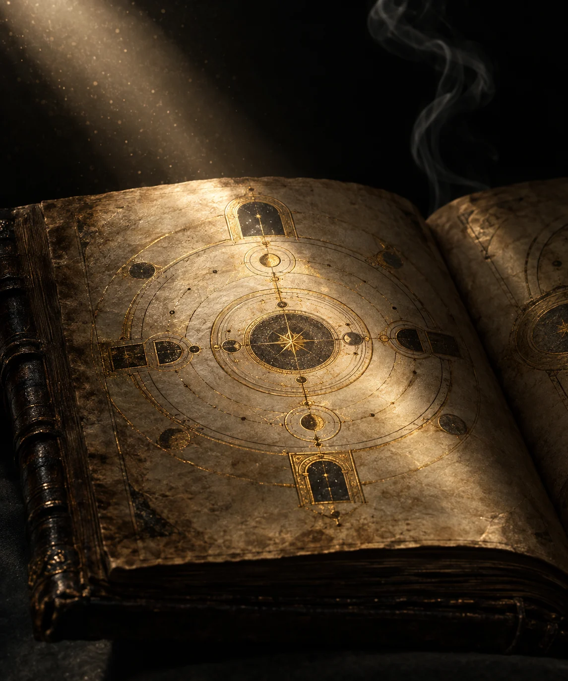 Close-up of an ancient manuscript open to a gold-inked diagram of gateways in a shaft of light