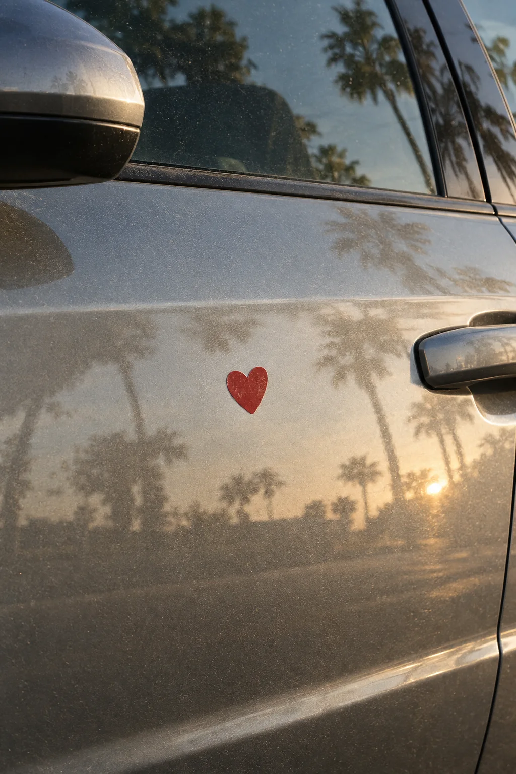 A red heart sticker on a car window