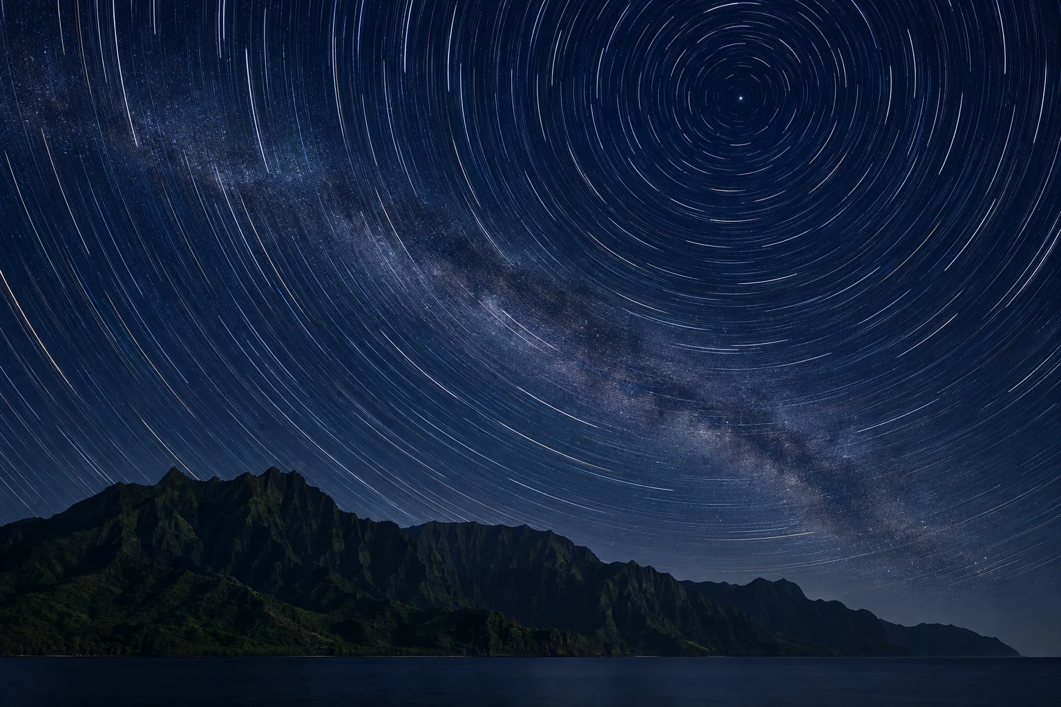 Star trails spiraling above a dark Kauaʻi ridge