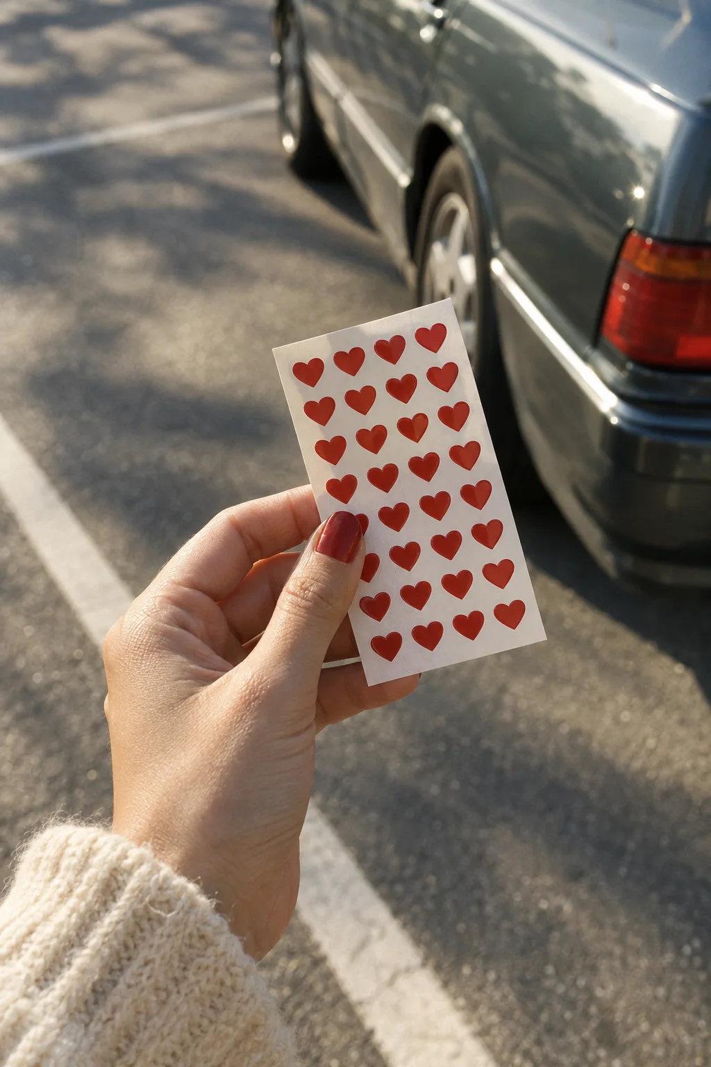 A hand holding a sheet of red heart stickers in a parking lot
