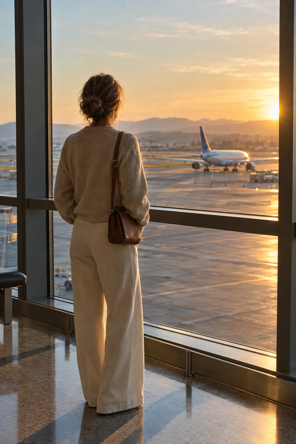 A woman at an airport window watching a plane at golden hour