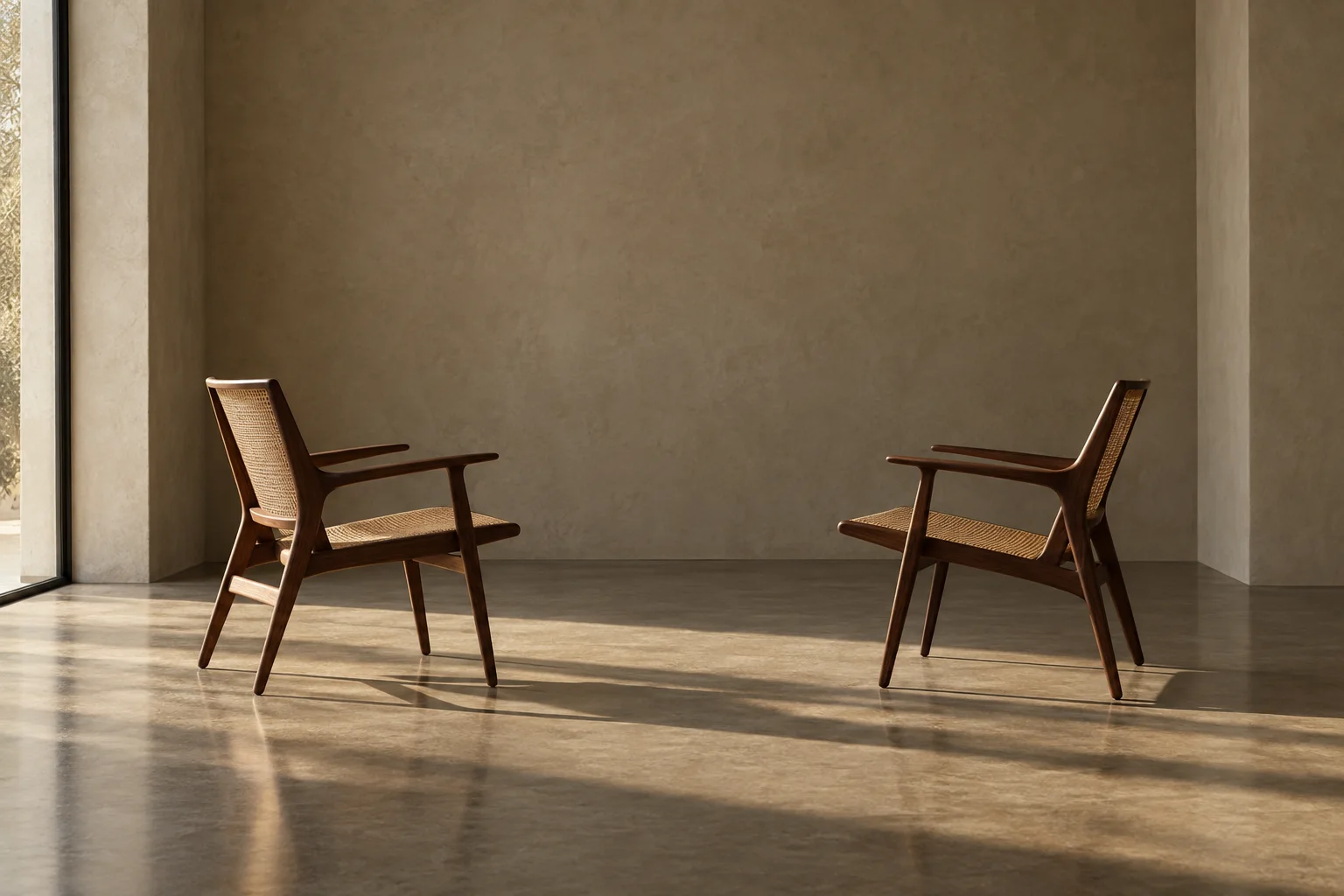 Two wooden chairs facing each other in a quiet, sunlit room