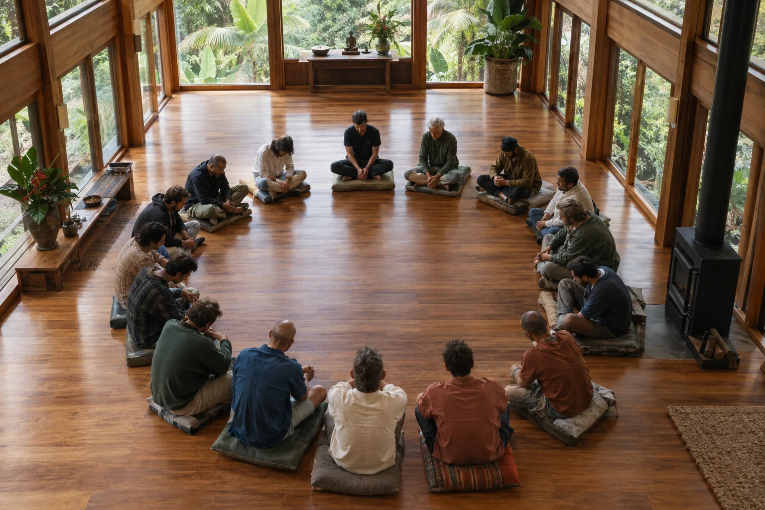A circle of men seated on cushions in a wooden retreat hall