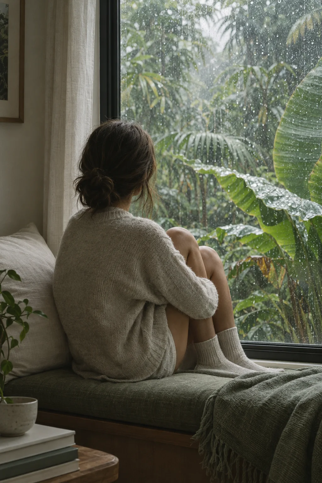 A teenage girl on a window seat looking out at the rain