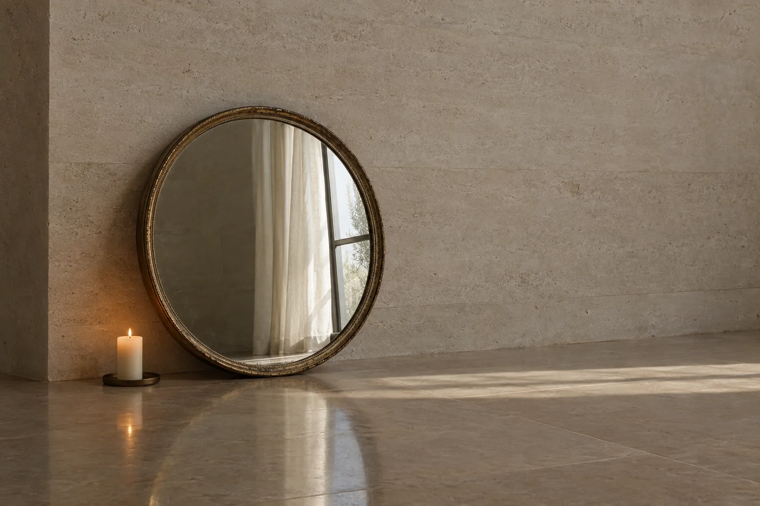 A round mirror leaning against a limestone wall beside a lit candle