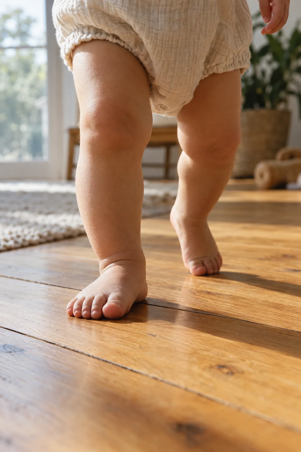 A toddler's bare feet taking first steps on a wooden floor