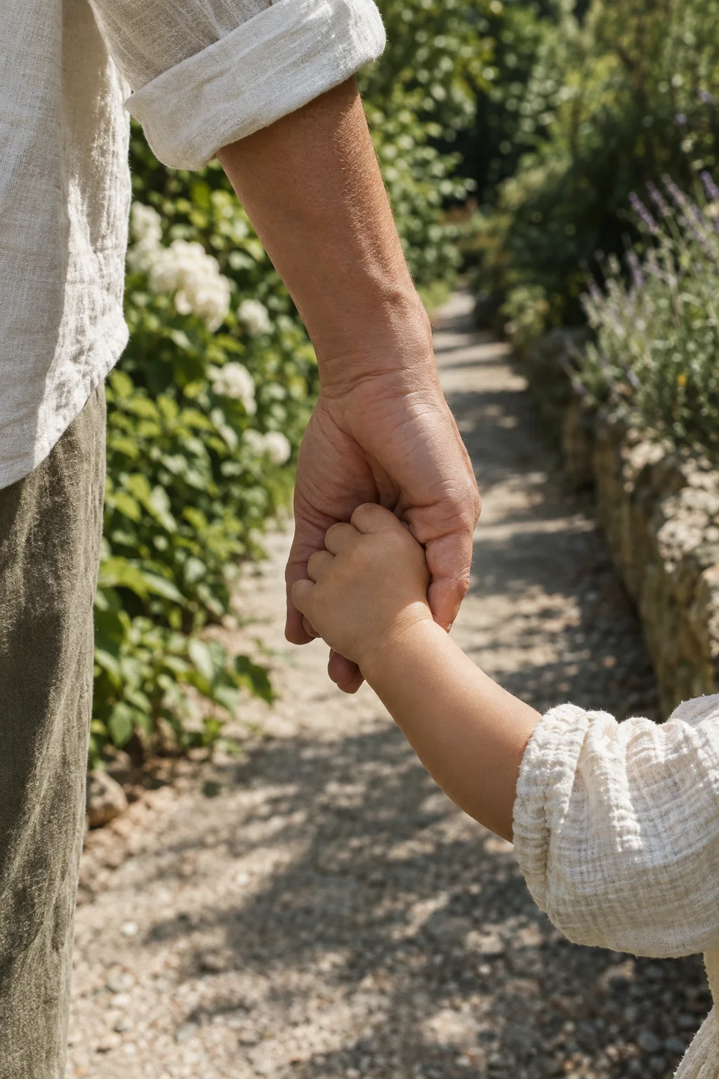 An adult hand holding a toddler's hand on a garden path