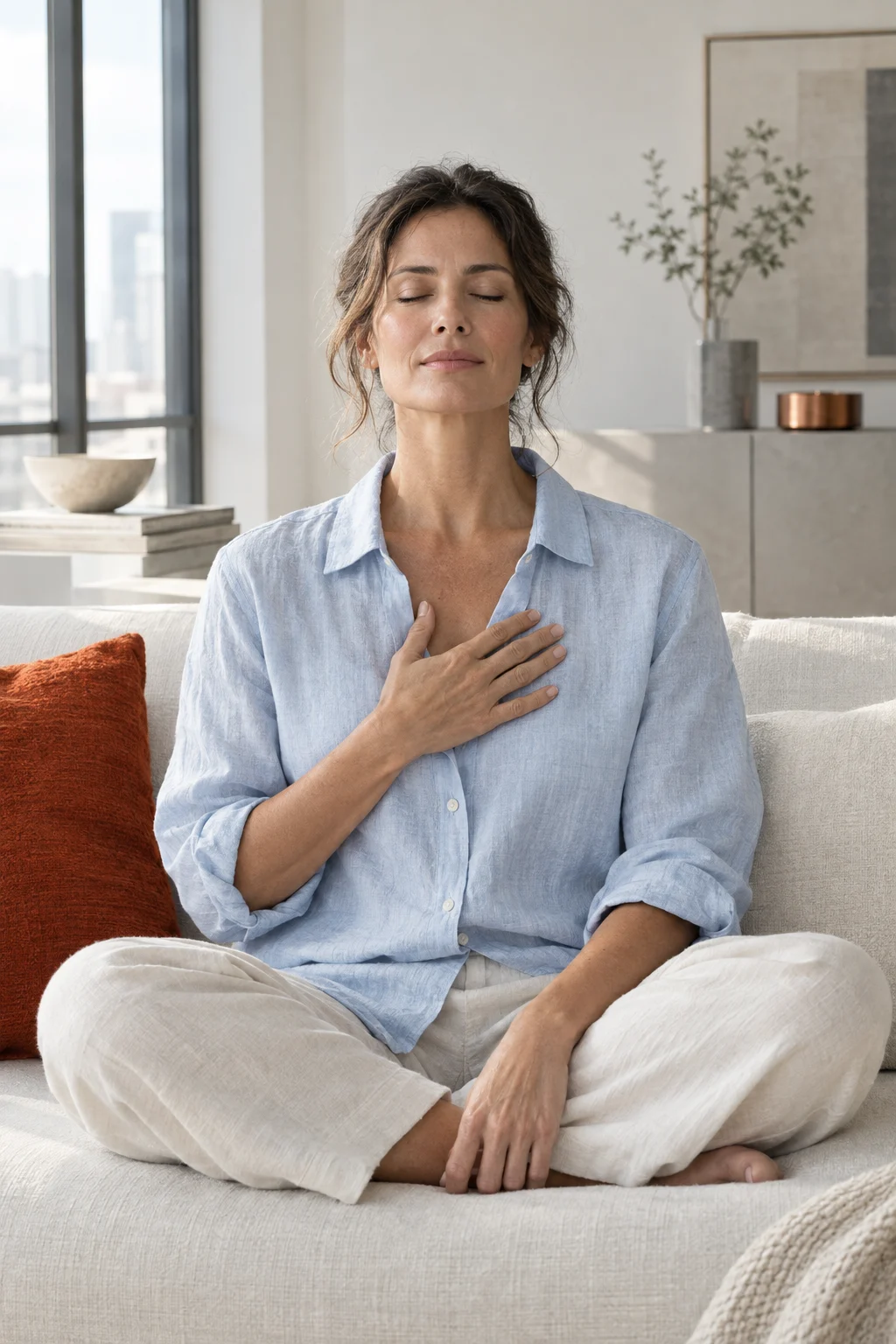 A woman on a sofa with her hand on her chest, eyes closed, breathing slowly