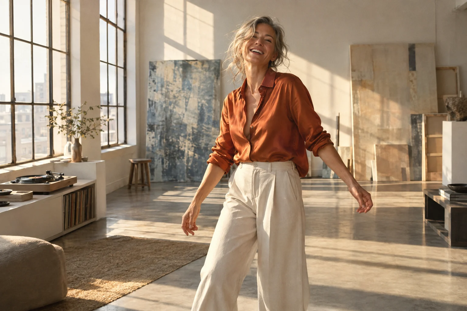 A woman dancing and laughing in a sunlit artist's loft
