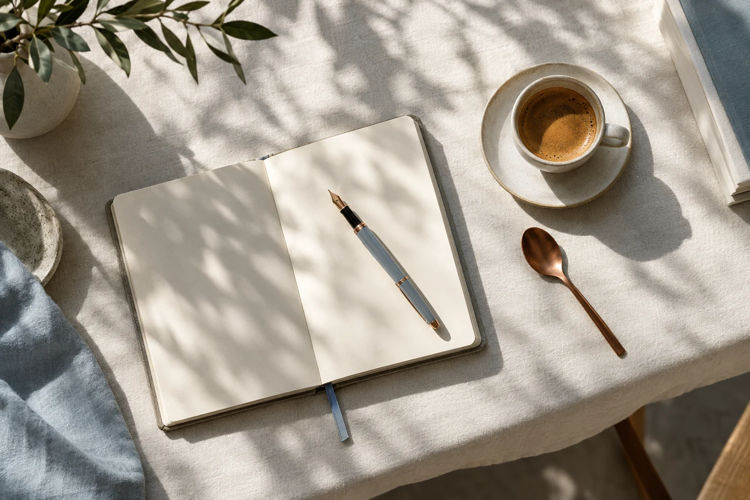 An open notebook, fountain pen and espresso on linen in morning light