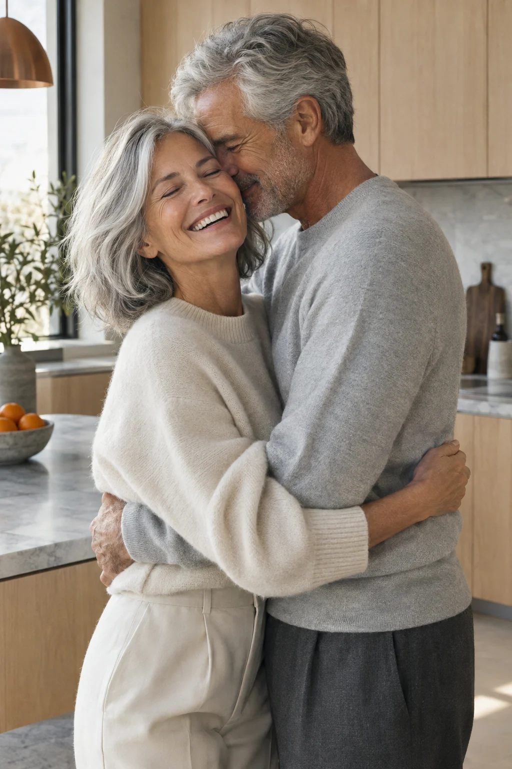 An older couple embracing and laughing in a sunlit kitchen