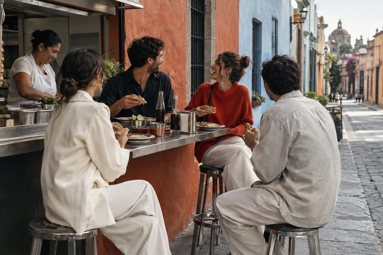 A traveler and locals sharing food and laughing at a street counter