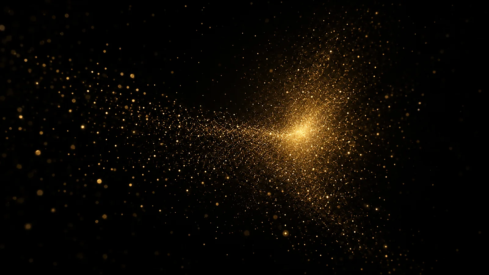 Countless tiny golden particles of light drifting through darkness and gathering into a soft glow