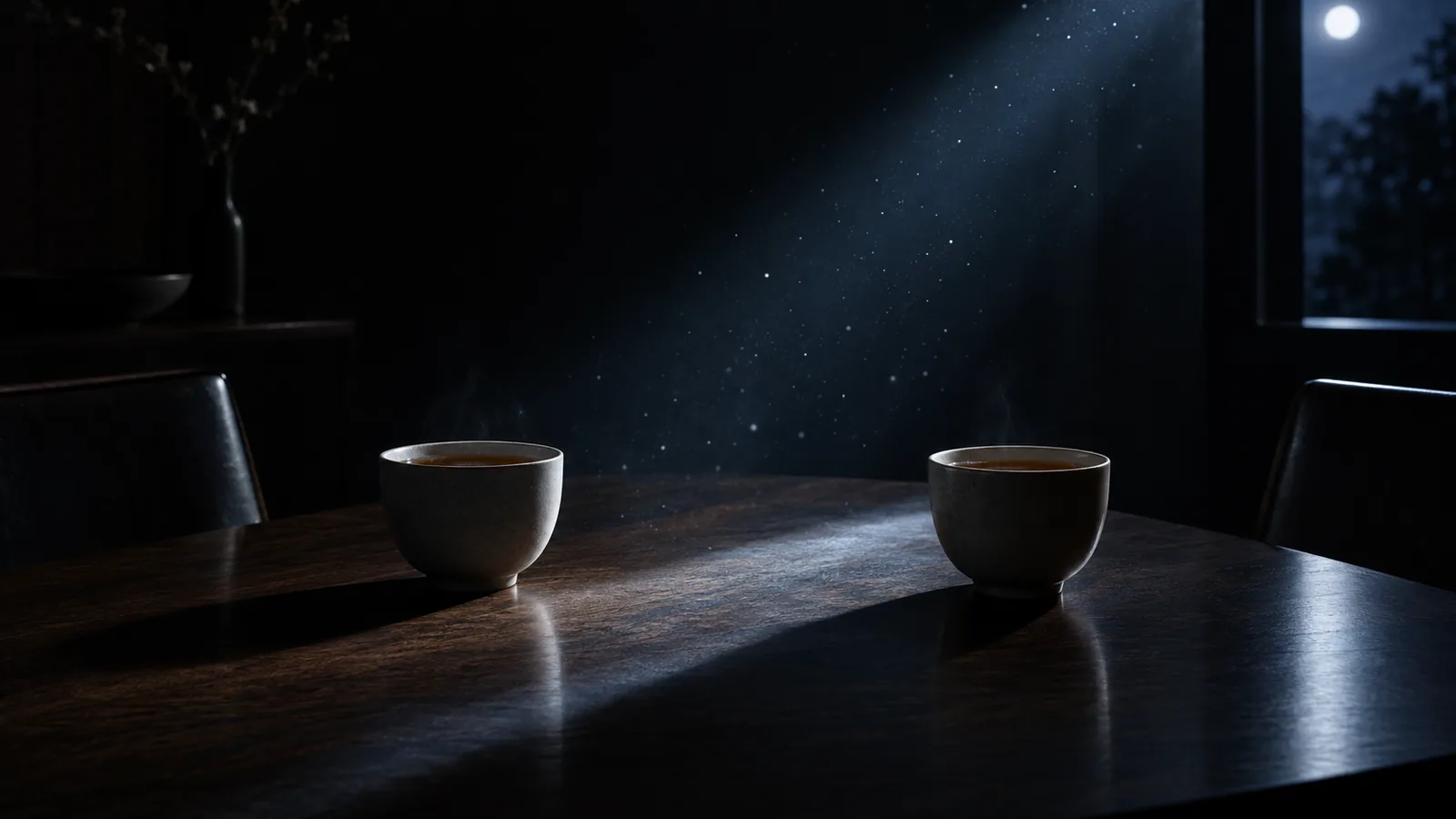 Two cups of tea facing each other on a dark table at night, a shaft of moonlight full of drifting particles between them
