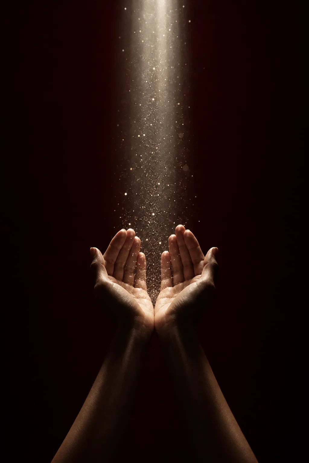 Two open hands cupped upward in a beam of soft light as glowing particles fall into the palms