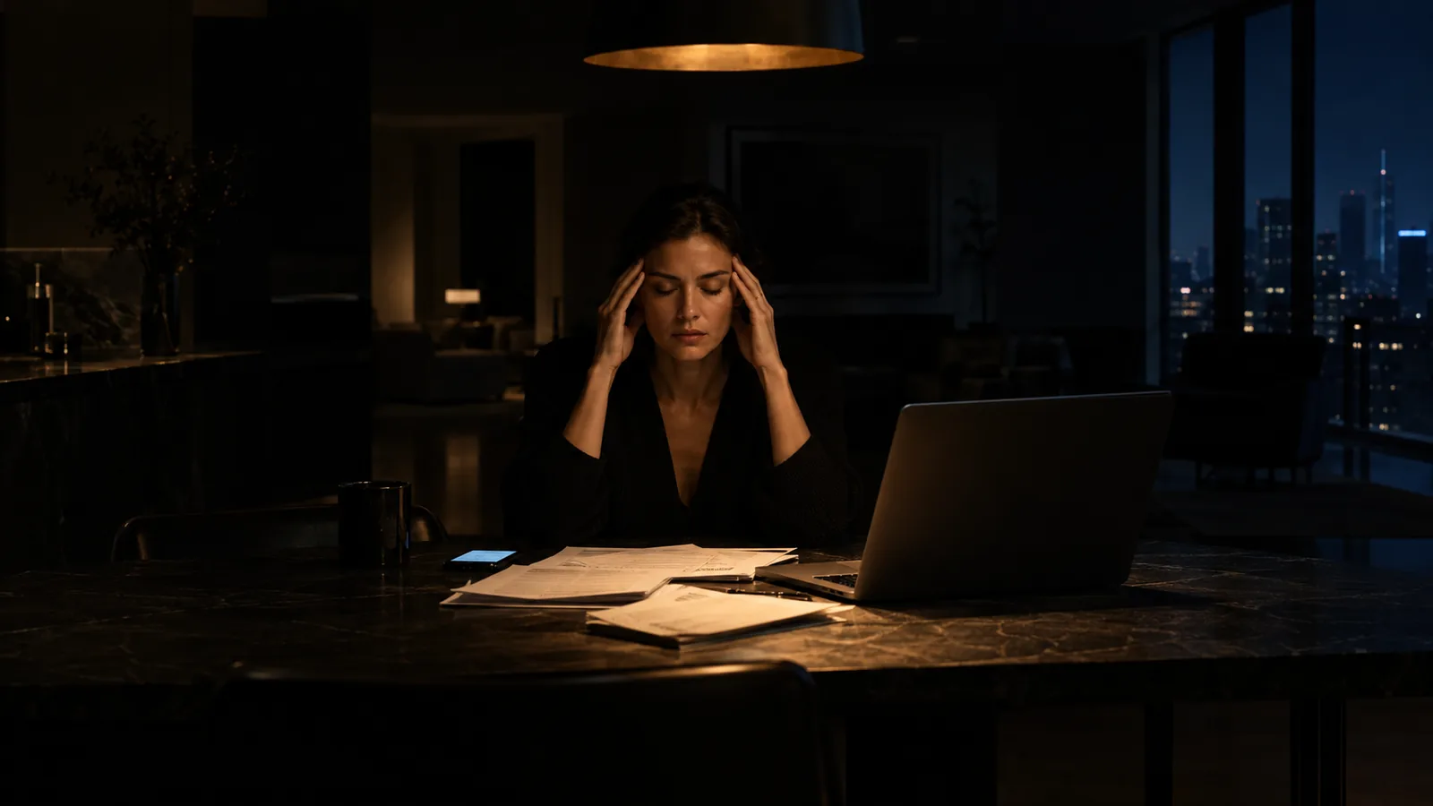 A woman alone at her kitchen table late at night with papers and a laptop, fingertips pressed to her temples under a single amber lamp