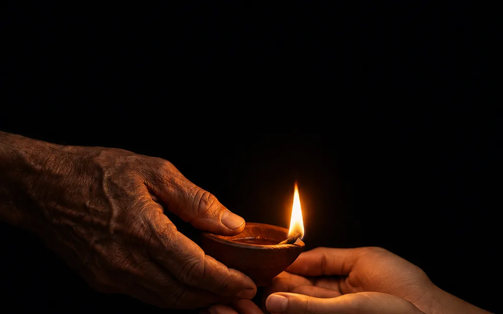 An older weathered hand passing a small burning clay oil lamp into the waiting hands of a younger person in darkness