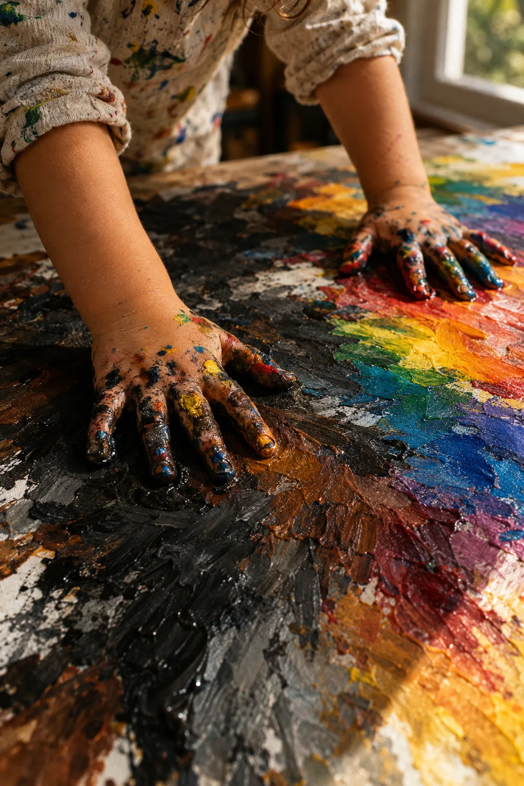 A child's paint-covered hands pressing into dark and rainbow colors on a canvas