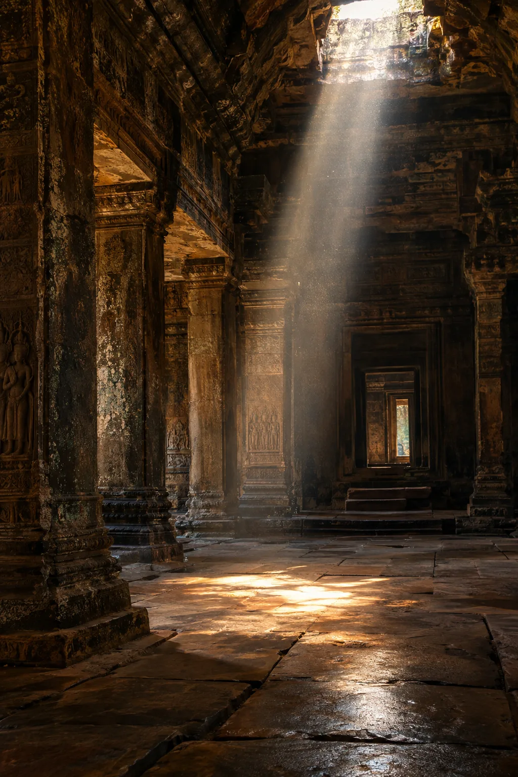 A shaft of sunlight falling into an empty ancient stone temple