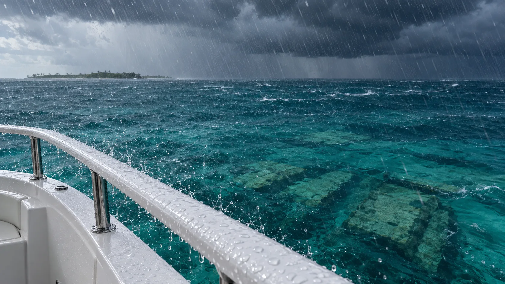 Pouring rain over a rolling turquoise sea off Bimini, seen from a boat's upper deck