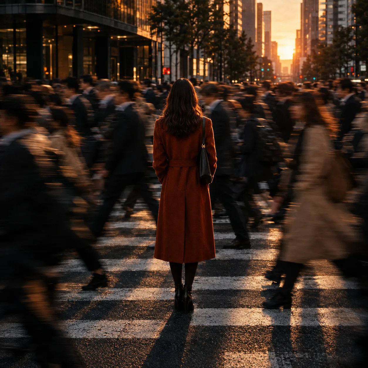 One woman in a rust coat standing still as a blurred crowd streams past her