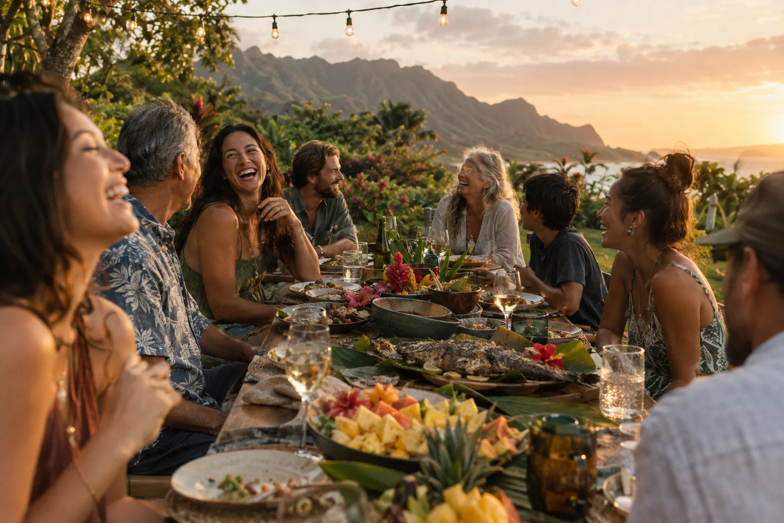 Friends laughing around a long outdoor dinner table at golden hour in a Kauaʻi garden
