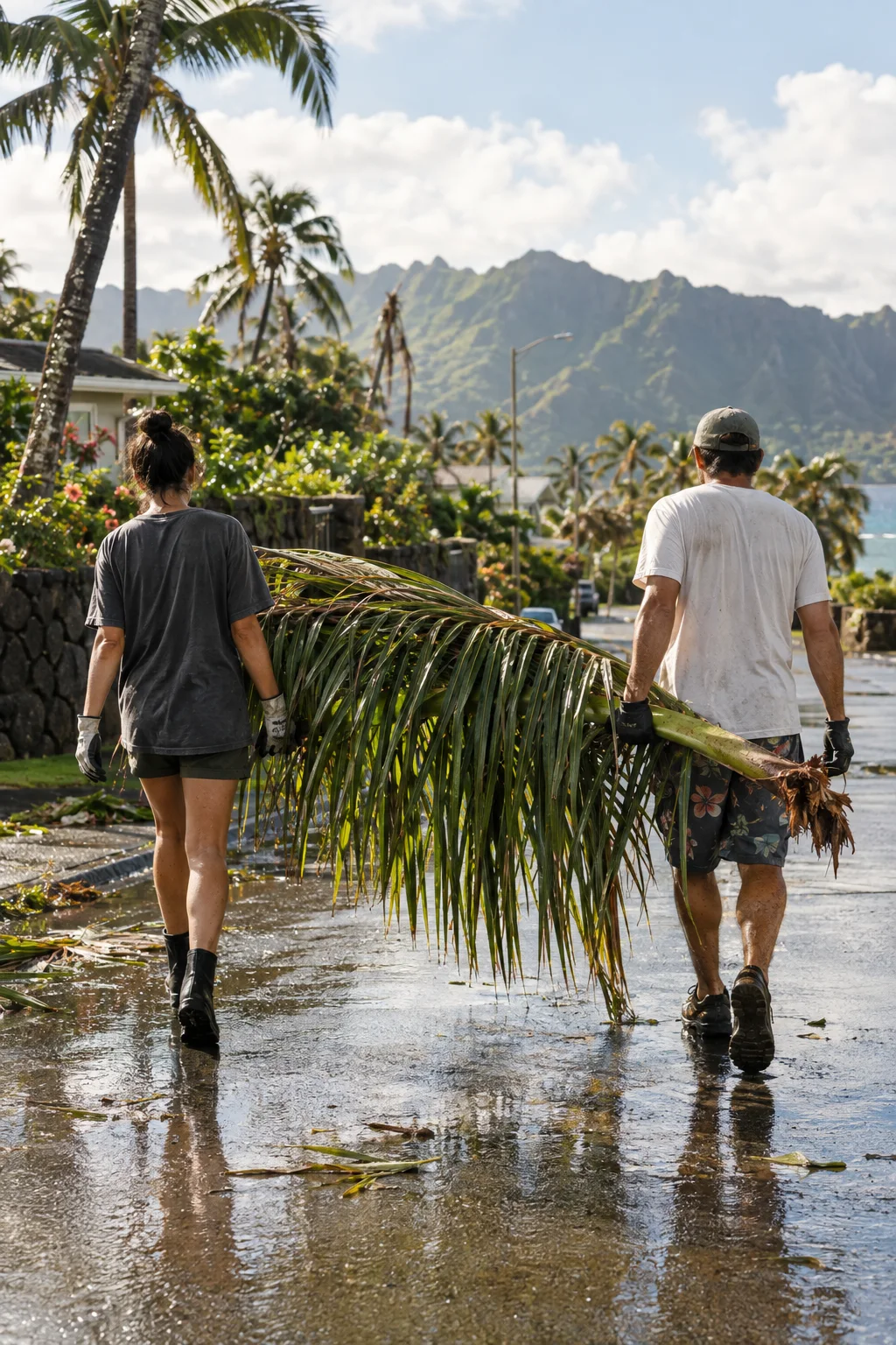 Two neighbors carrying a fallen palm frond down a rain-washed street