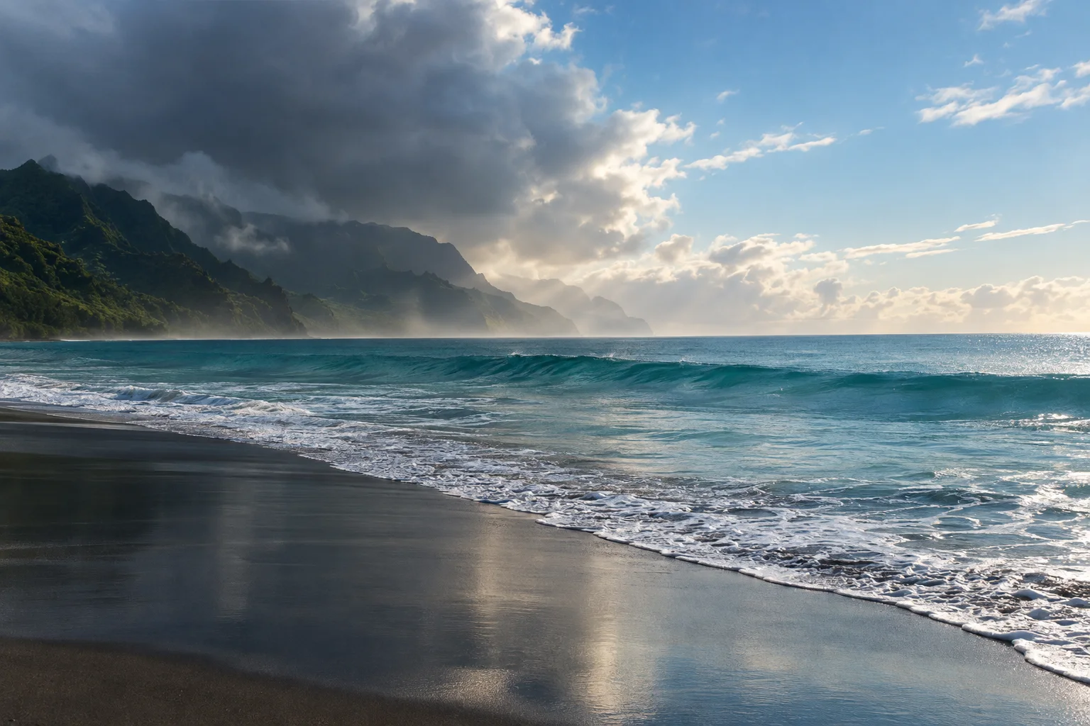 Clear turquoise swells rolling onto dark sand on Kauaʻi the morning after the storm