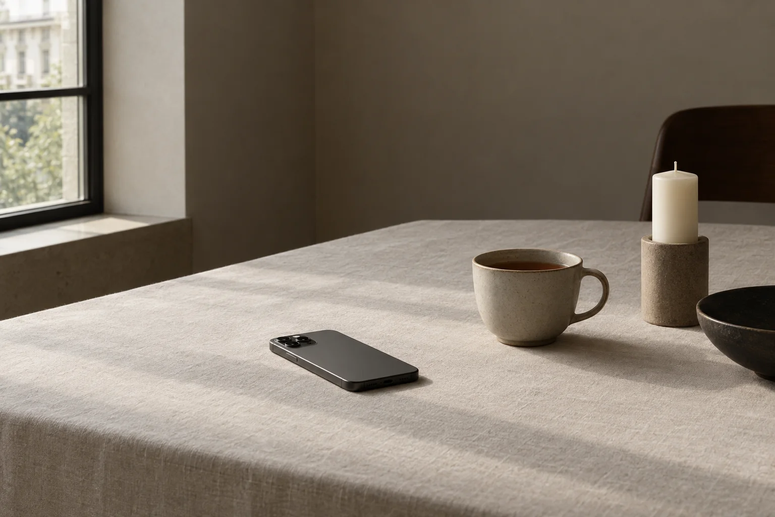 A phone resting on a linen table beside a cup of tea and an unlit candle in a room without power