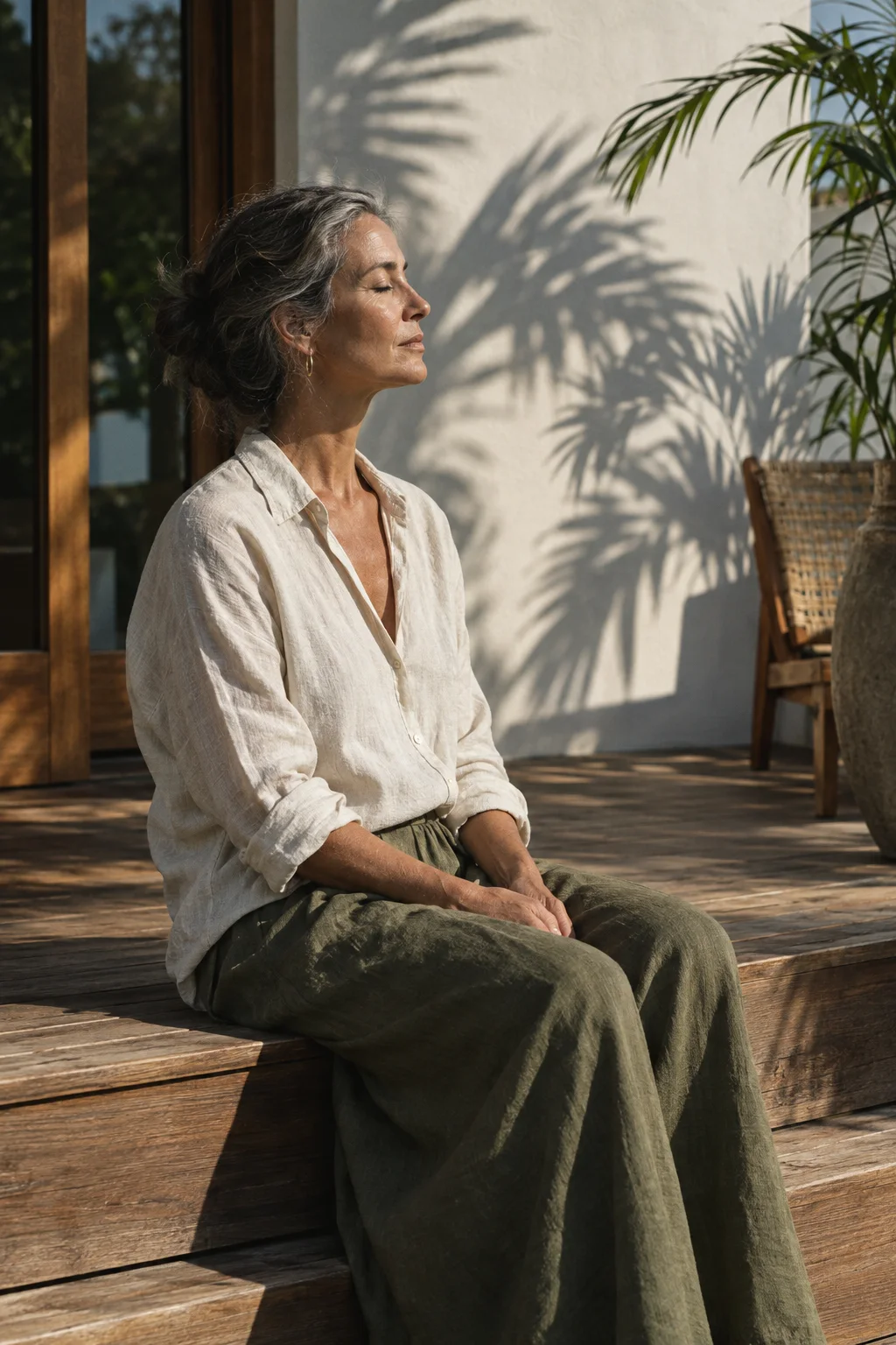 A woman sitting still with eyes closed on a sunlit lanai step