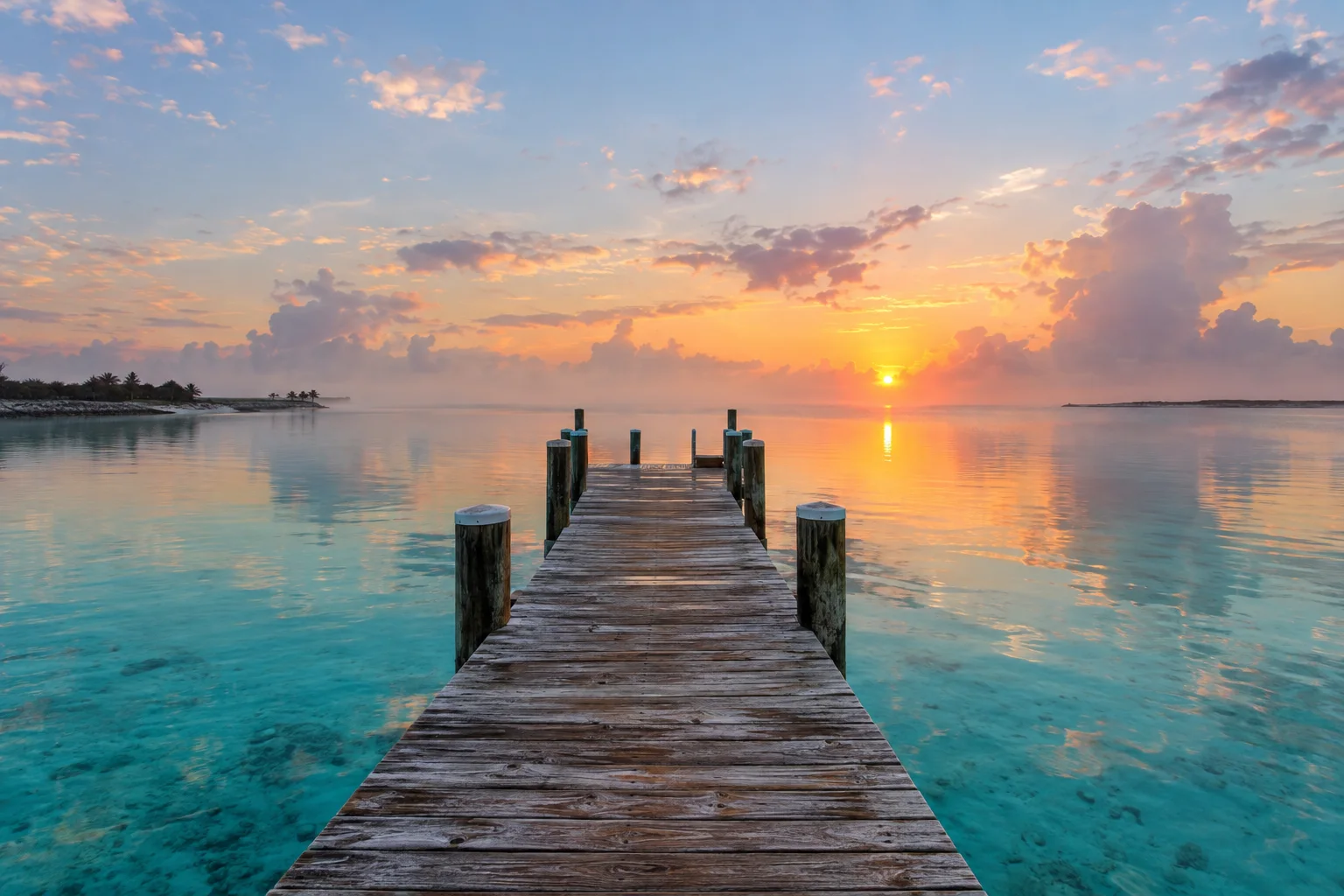 A wooden dock stretching into calm turquoise water at sunrise