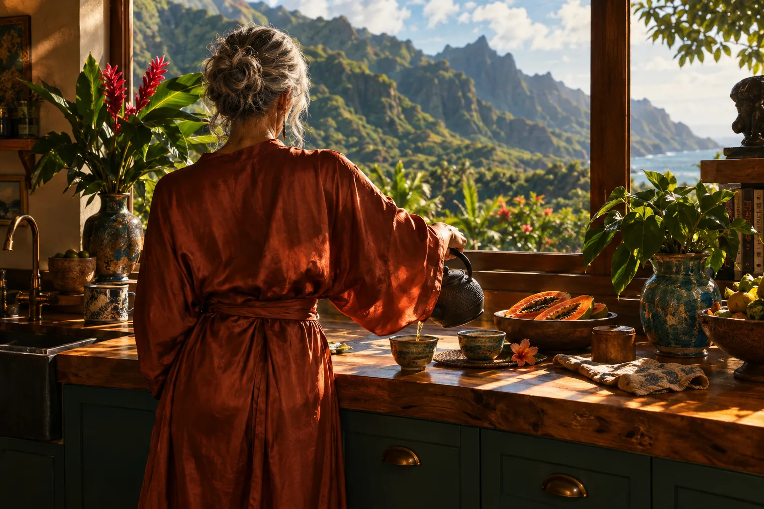 A silver-haired woman in a rust silk robe pouring tea in a sunlit Kauai kitchen