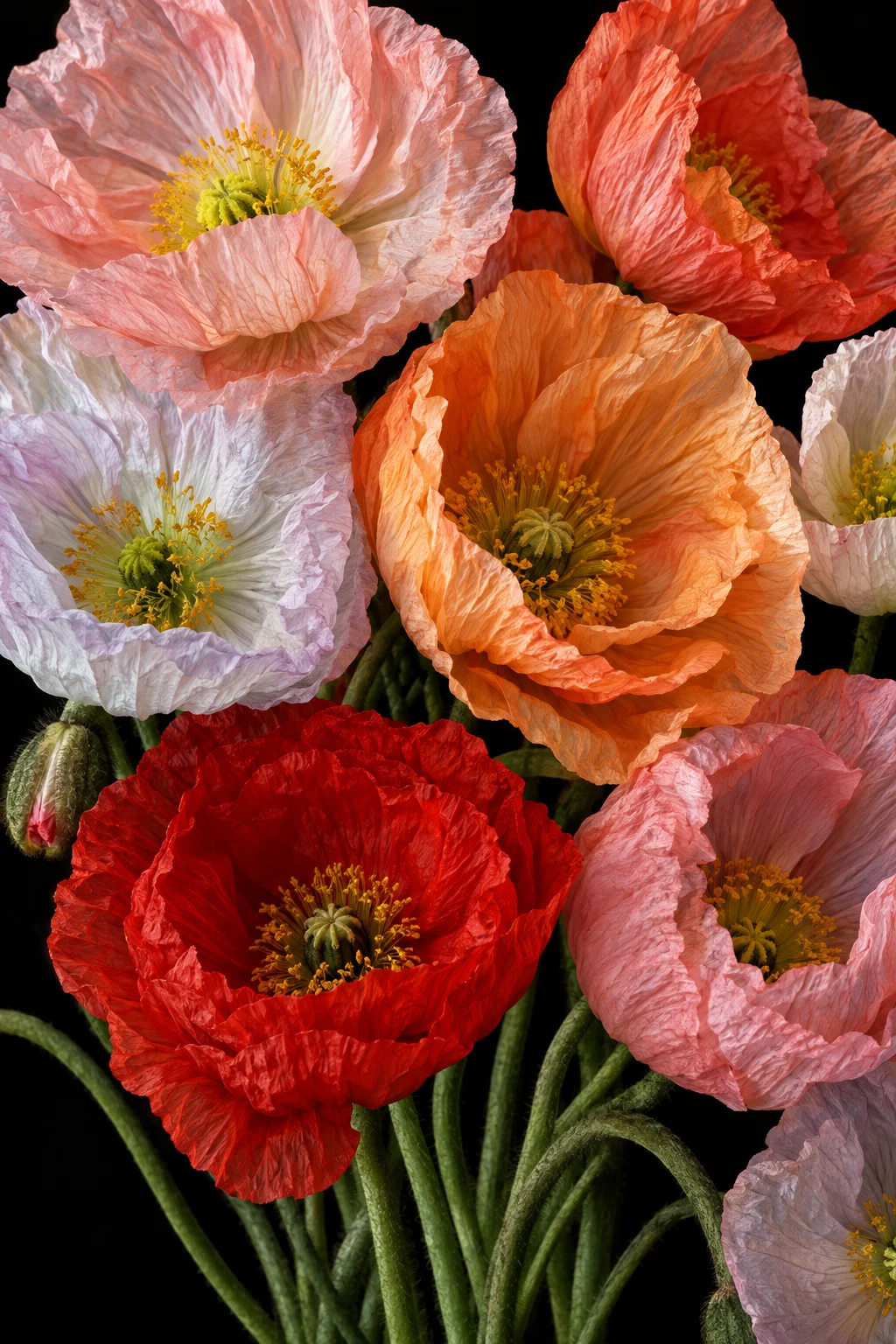 A lush cluster of crinkled Icelandic poppies in blush, coral, apricot, ivory and red against black